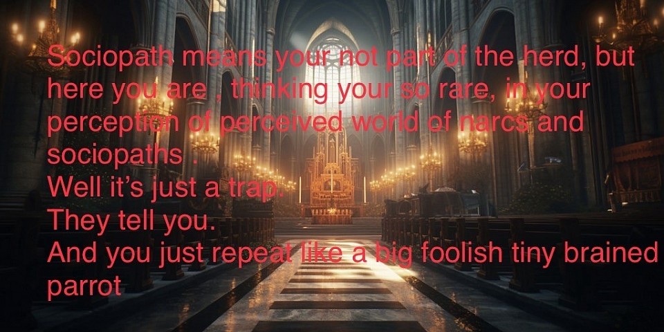 Sociopath means your not part of the herd, but here you are , thinking your so rare, in your perception of perceived world of narcs. Well it’s just a trap. They tell you. And you just repeat like a big foolish tiny brained parrot